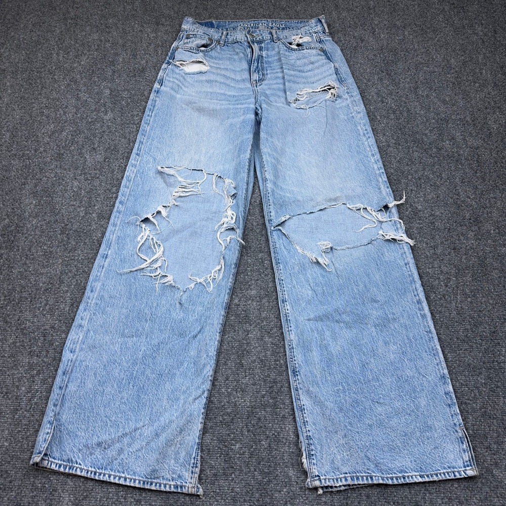 American Eagle Jeans Super High Rise Baggy Wide Leg Womens 2 Ripped Slit Hem